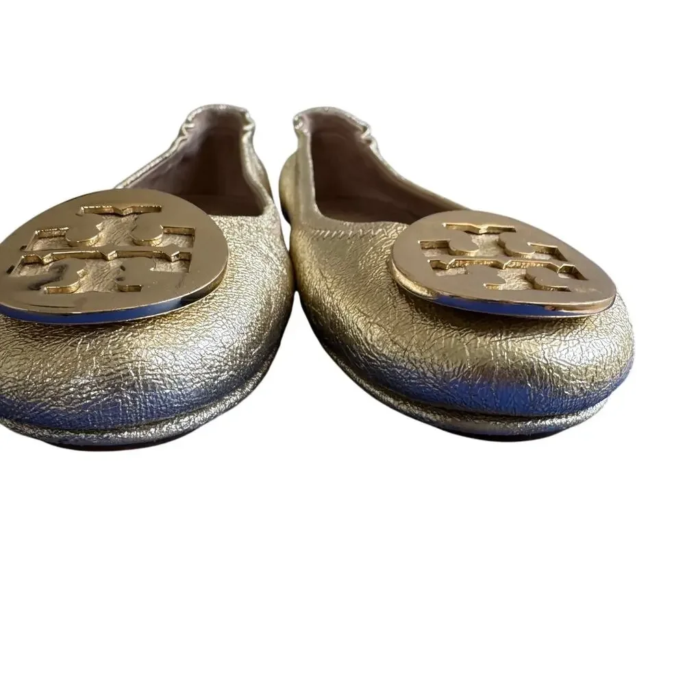 Tory Burch Minnie Travel Ballet Flats Gold Metallic Leather Size 5.5